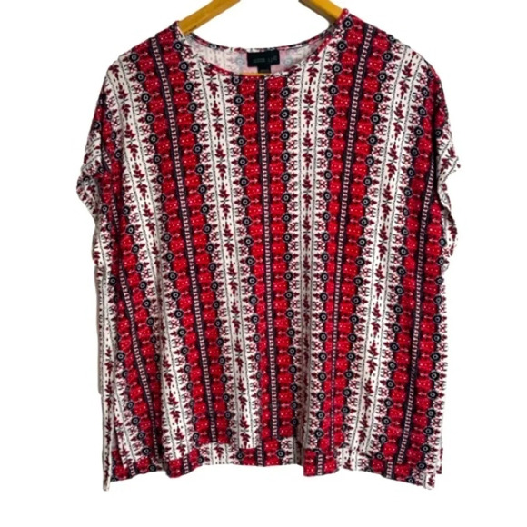 J.JILL Wearever Collection Women’s L Red Cream Black Boxy Blouse Top - Picture 1 of 8